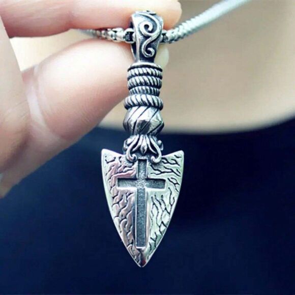 Stainless Steel Necklace Arrow Head Cross Pendant Snake Chain Rustic Western - Picture 3 of 5